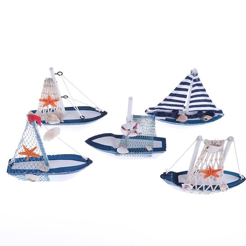 Mediterranean Style Marine Nautical Wooden Blue Boat Ship Wood Crafts Ornaments