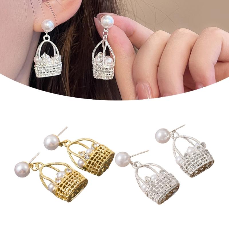 Stylish Alloy Woven Basket Earrings With Rhinestones And Pearls Retro Designs