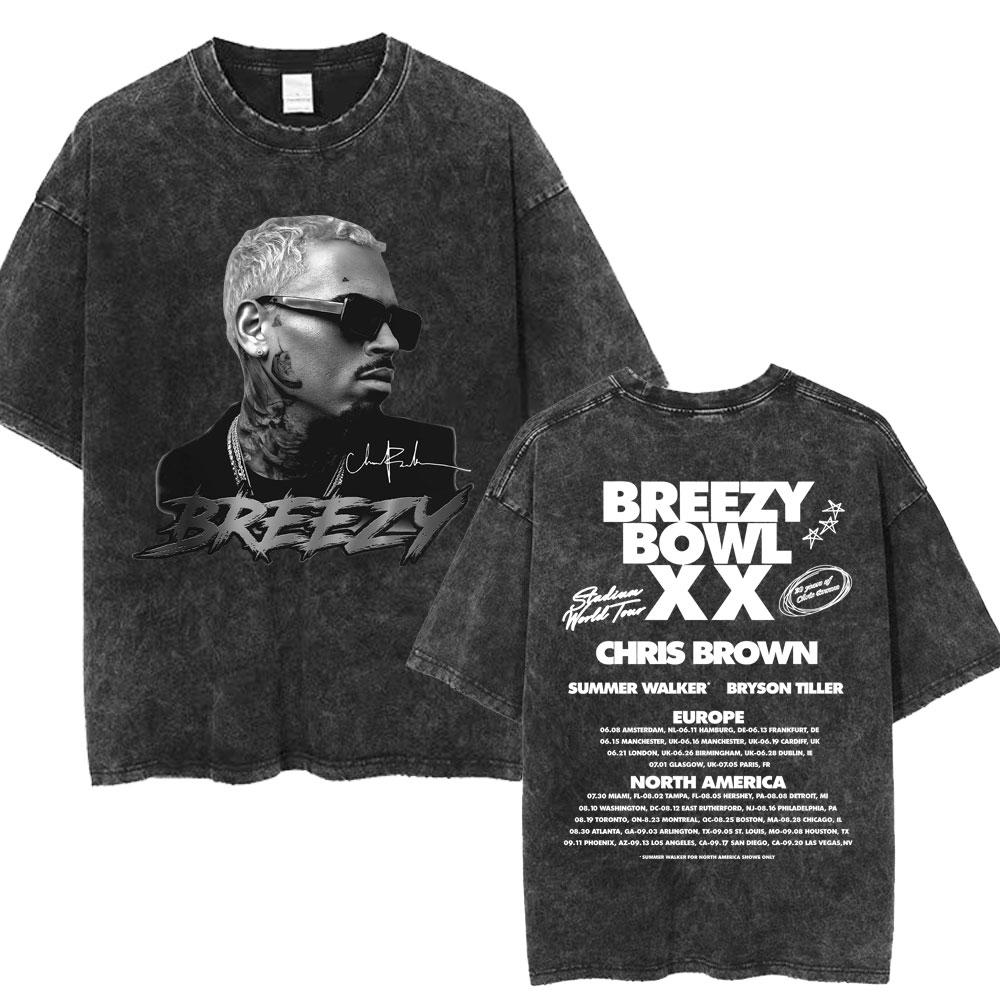 Chris Brown Breezy Bowl XX Concert Tour Washed T Shirts Vintage Hip Hop Gothic T Shirt Mens Oversized Cotton Tshirt Streetwear