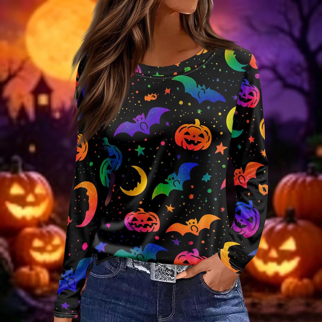 Women's Long Sleeve Halloween Print Top Split Hem Round Neck Casual Pullover Shirt with Festive Graphic Design for Seasonal Wear