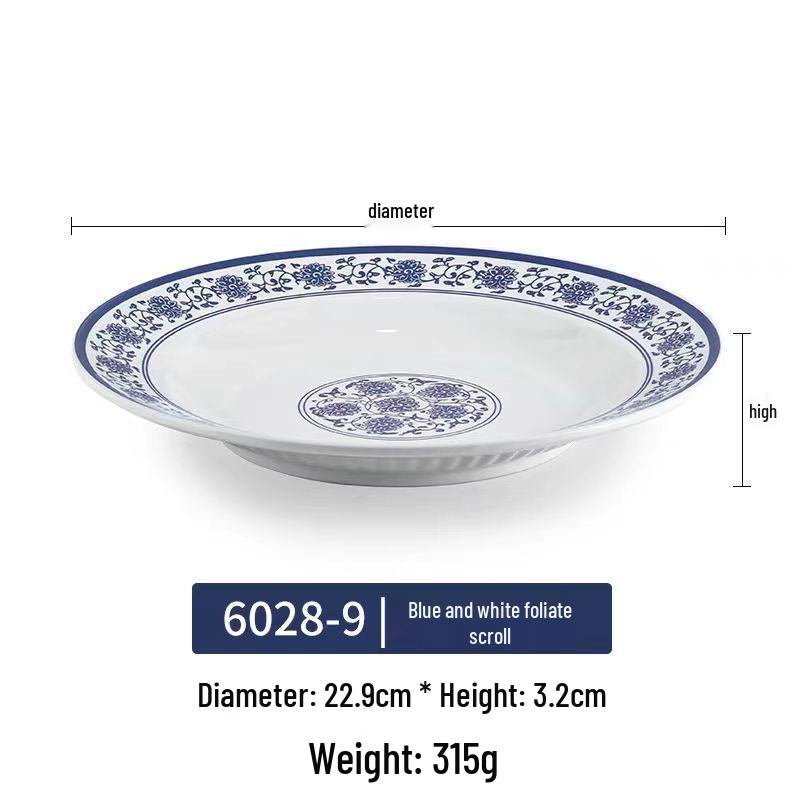Modrobílý hluboký talíř z melaminu ve stylu porcelánu pro ryby, polévky a komerční použití