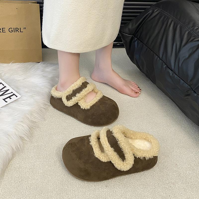 Retro Thick-bottomed Fluffy Slippers for Women's Outer Wear 2025 Winter Velvet Bag Head Half Mop Warm and Non-slip Inner Heightening Cotton Mop