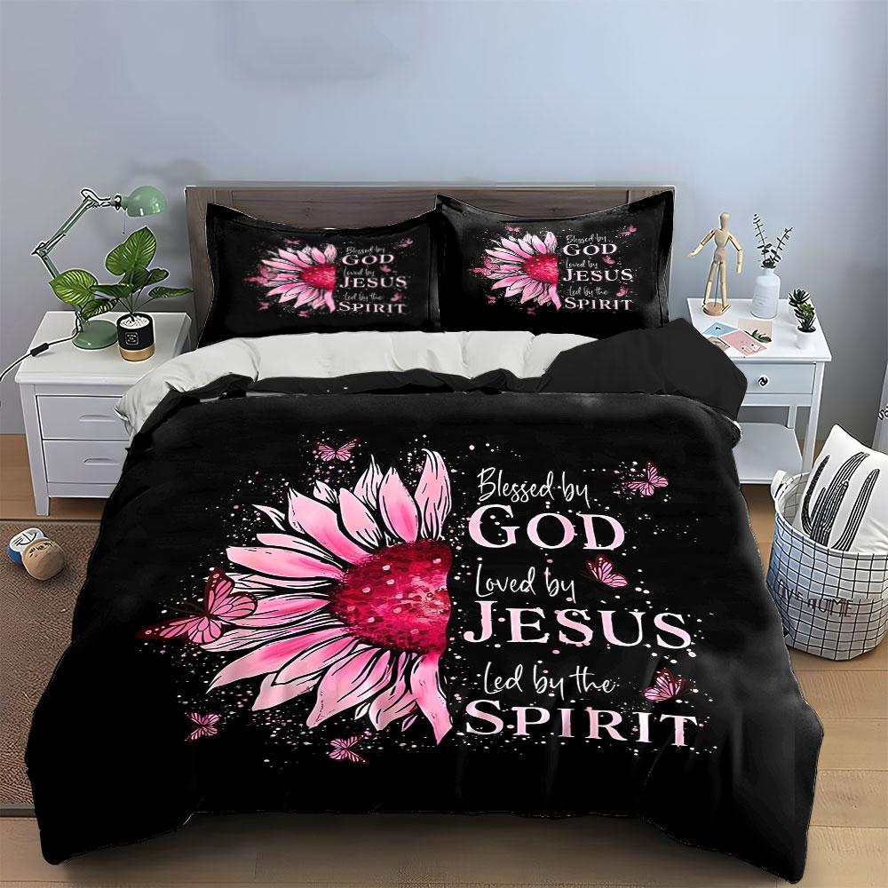 Faith-Inspired Floral Design Set Kid'S And Adults' Bedroom Decor, Exquisite Three-Piece Bedding Set Gift