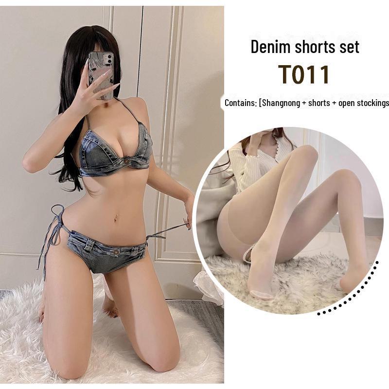 Jinxiao Retro Passion Lingerie: No-Remove Hot Temptation Split-Strap Denim Shorts