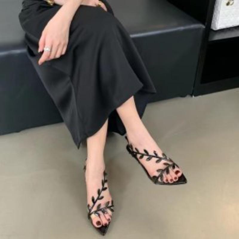 Women's Summer Golden Leaf-Embellished Heels Stiletto Pointed Toe Open Toe Dress Sandals