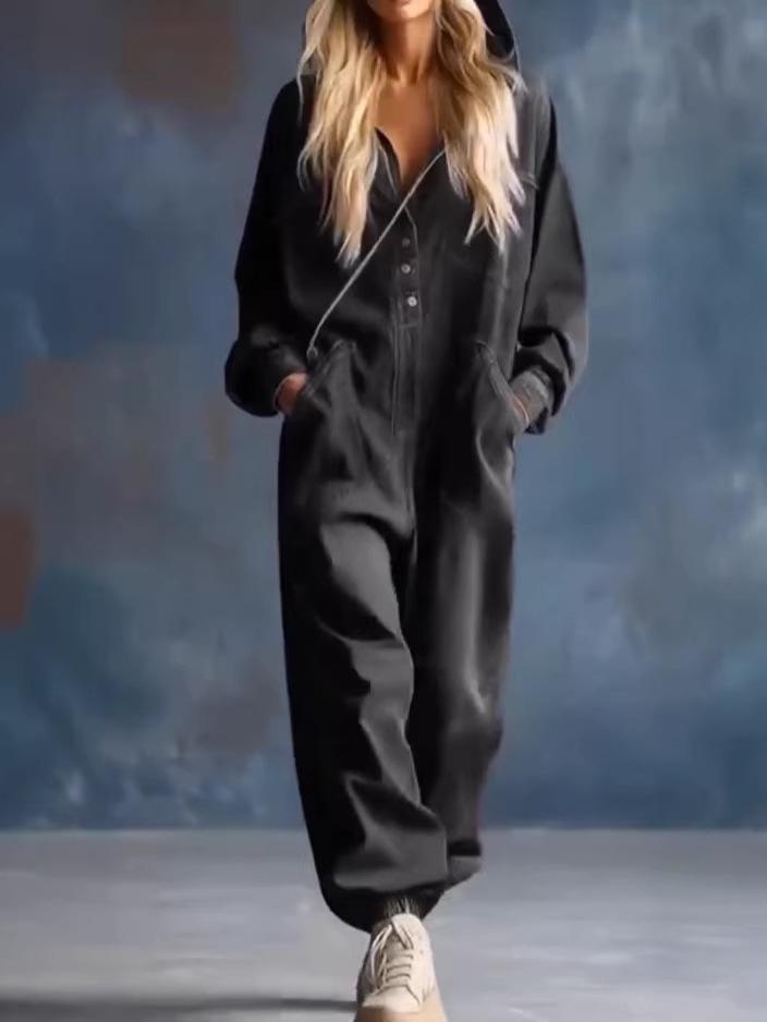 Salopetă de damă din denim cu imprimeu, stil european, 2026, cu buzunare mari și mâneci lungi 3XL negru