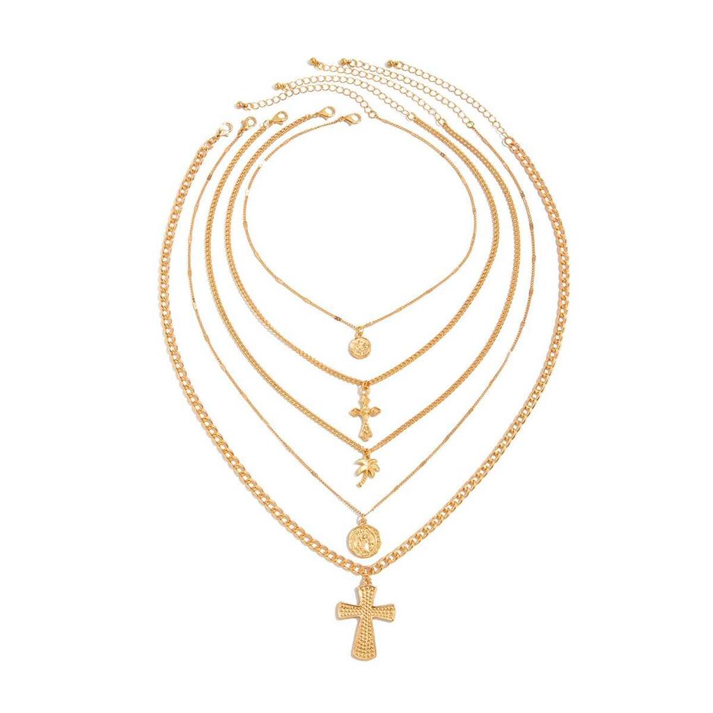 Ingemark 5Pcs/Set Goth Cross Coin Coconut Tree Pendant Choker Necklace for Women Men Vintage Adjustable Chain Daily Jewelry Gift