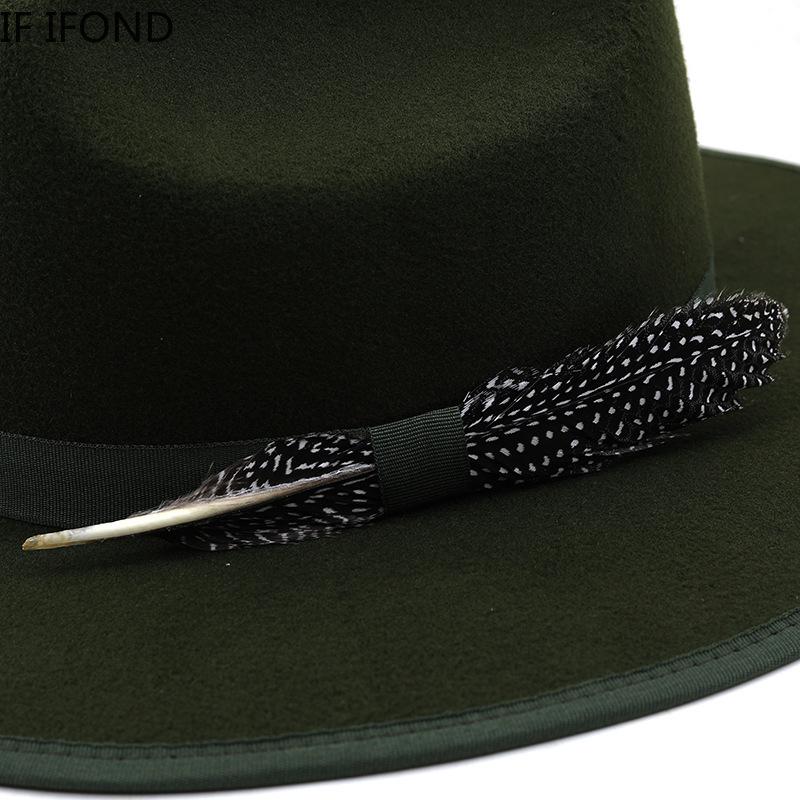 New Autumn Winter Feather Band Felt Fedora Hat For Women Wide Brim Gentleman Wedding Party Hat Church Jazz Hat