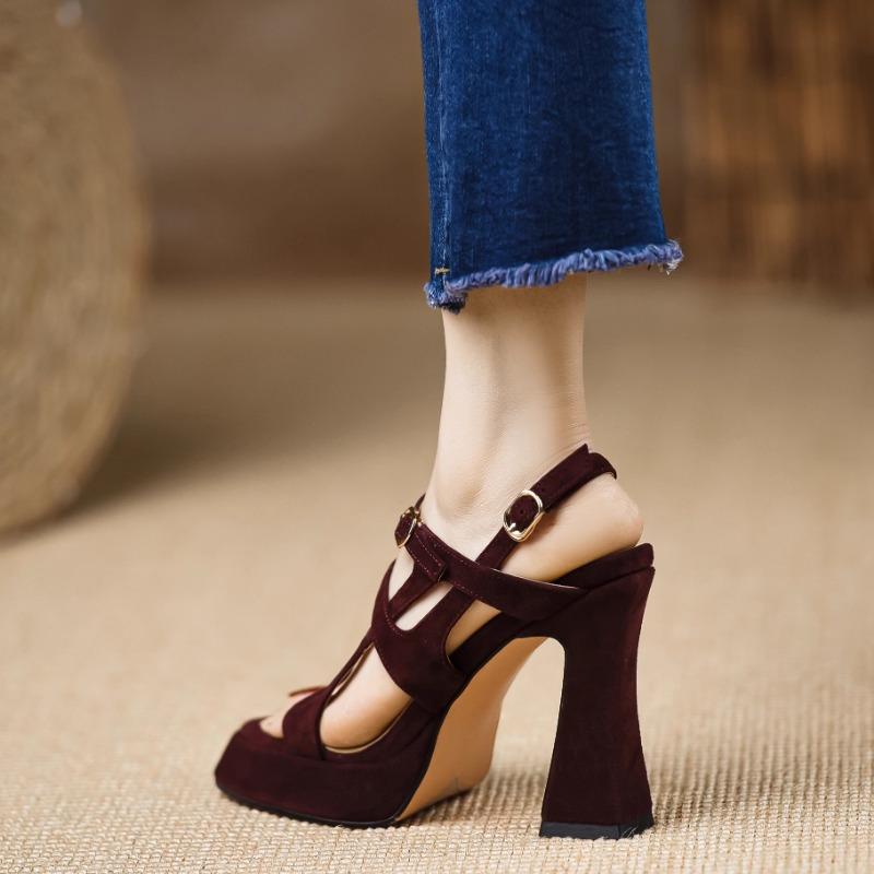 High Heel Sandals Summer New Round Head Open Toe Flannelcloth Metal Buckle Waterproof Table Non-slip Square Heel Shoes