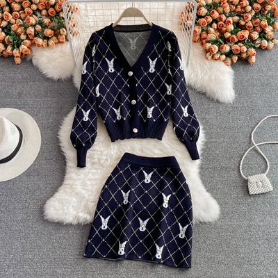 Small Fragrance Vintage Knit Rabbit Two Piece Set Women Sweater Cardigan Coat Crop Top + Mini Skirts Sets Fashion Casual 2 Piece Suits
