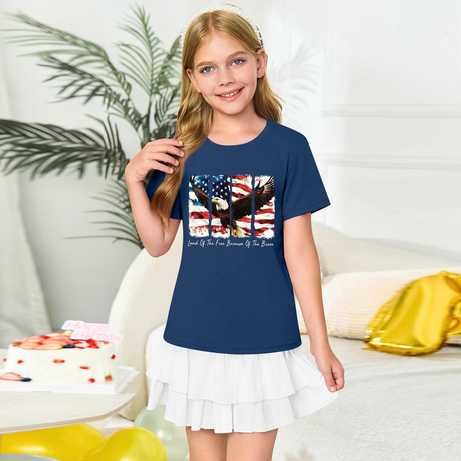 Girls  Round Neck Short Sleeve Printed Casual Short Sleeve 100 синий