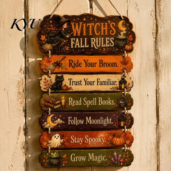 Hanging Wooden Plaque Witch's Fall Rules Sign, Vintage Halloween Wood Wall Rustic Style Art Farmhouse for Outdoor Porch Yard, Home Decor Black