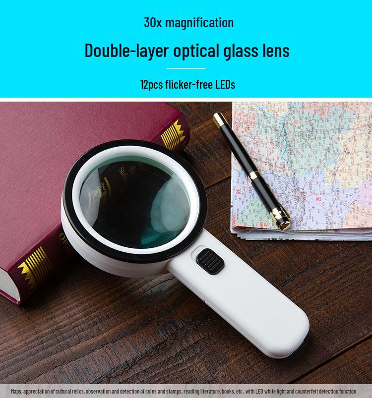 30x Handheld Magnifying Glass with 12 LED Lights for Elderly Reading