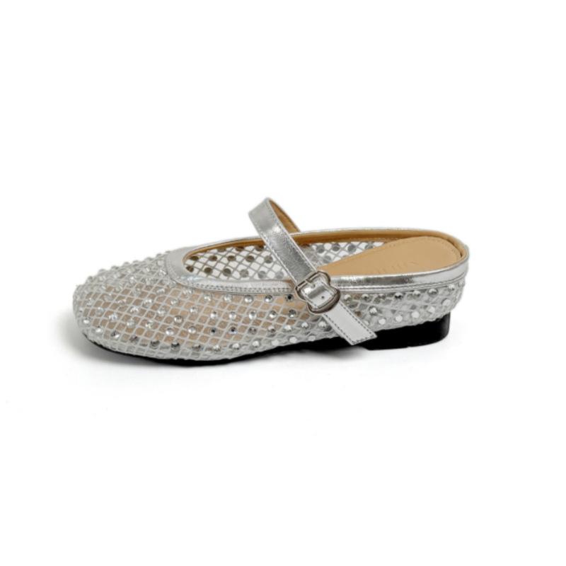 Small Man Increases the Height of Rhinestones Mary Jane Bag Head Half Slippers Women's New Summer Breathable Cool Slippers