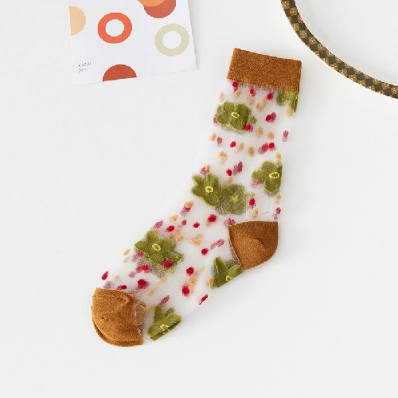 Ultra-thin Transparent Crystal Silk Socks Women Fashion Summer Harajuku Crew Socks Retro Flower Streetwear Elastic Long Socks