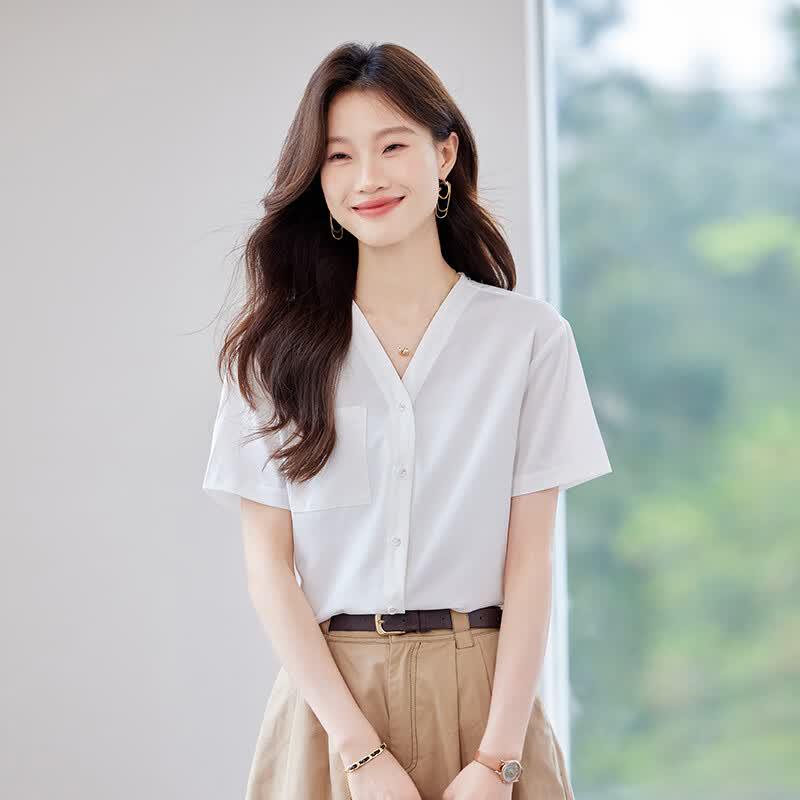 Women's V-Neck Short Sleeve Chiffon Blouse