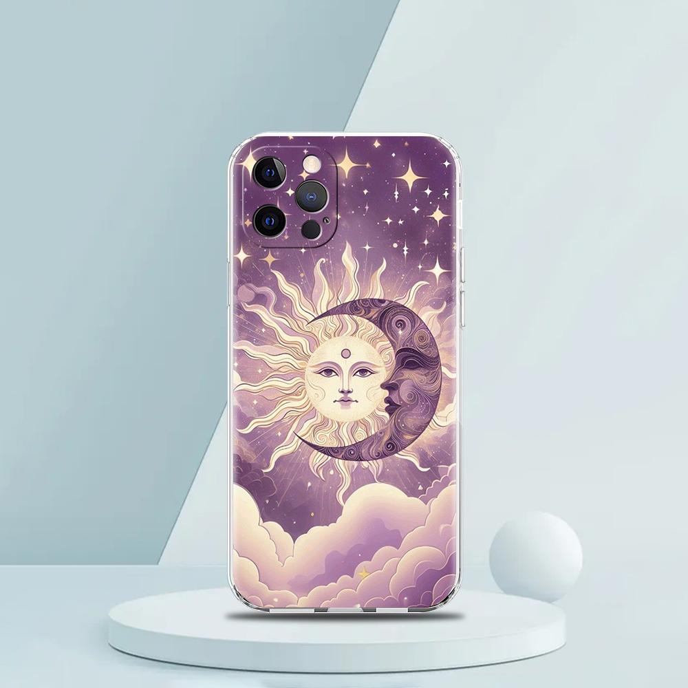 

Мягкий прозрачный чехол-бампер из ТПУ для iPhone 16 15 14 13 12 11 Pro Max XR 8 7 Plus Ударопрочный корпус с узором Солнце Луна Звезды for iPhone 16
