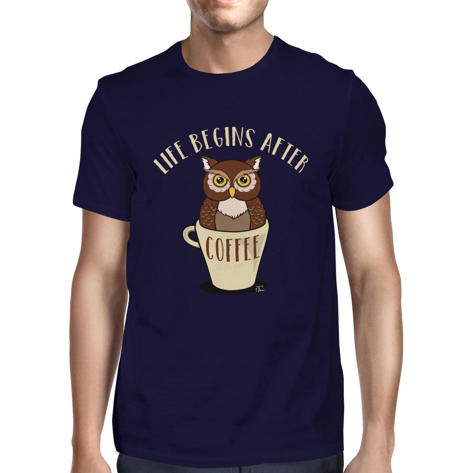 1Tee Mens Life Begins After Coffee Owl T-Shirt L