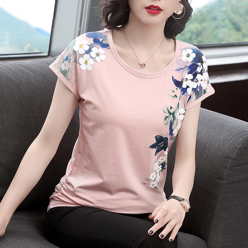 

Женская футболка большого размера из хлопка в этническом стиле с коротким рукавом и летним принтом XXL розовый