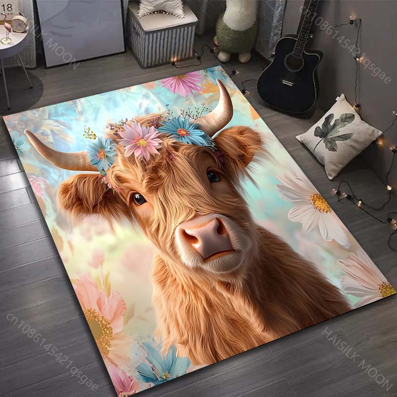 Multi-Size Highland Cattle Art Pattern Carpet for Living Room Bedroom Sofa Home Decor Non-slip Floor Mat Luxury Gift