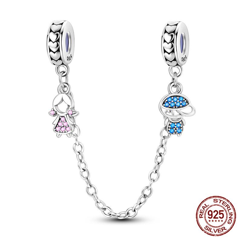 Original 100% 925 Silver Star Moon Safety Chain Fit 925 Original Bracelet & 3mm Bracelet DIY Jewelry Making Women Gift