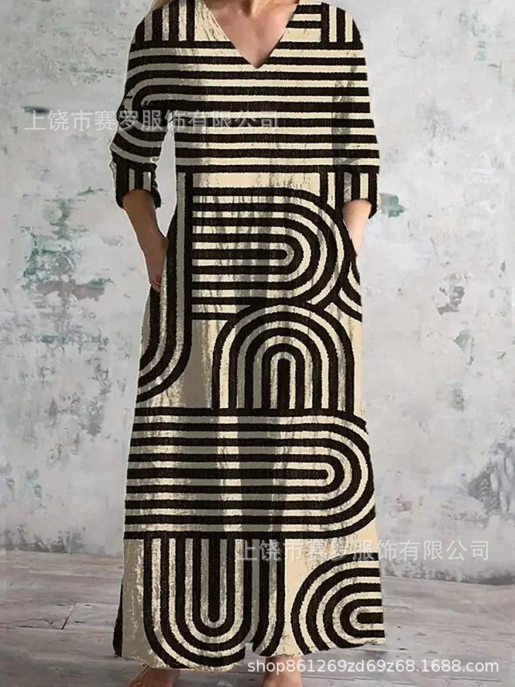 

Жіноча максі-сукня з довгим рукавом і V-подібним вирізом, з смугастим візерунком, довжиною до щиколотки, плавна сукня, повсякденна елегантна сукня XXL