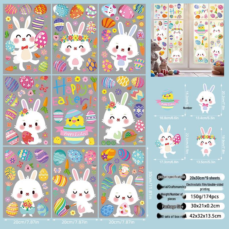Festive Easter Static Cling Stickers - Cute Rabbit, Dwarf, and Colored Eggs for Glass Decorations