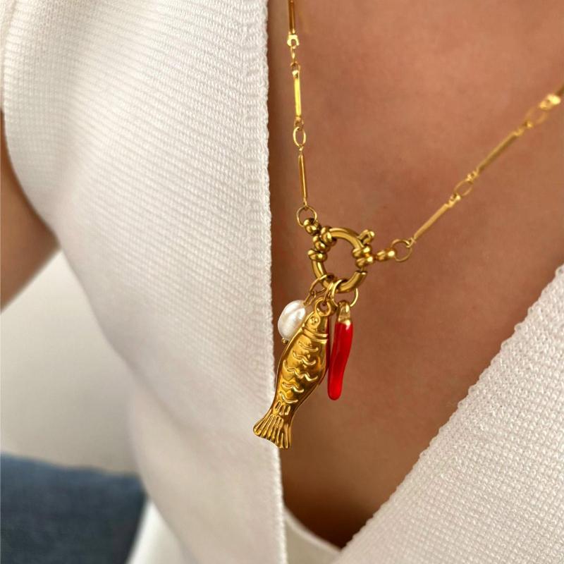 Natur Süßwasserperlen Emaille Chili Fisch Edelstahl Damen Anhänger Halskette Abnehmbar Modeschmuck Zubehör