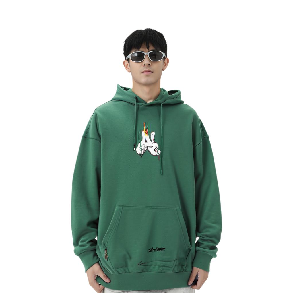 Li Ning X OG Slick Cartoon Anime Flame Pullover Sweatshirt Unisex Sweatshirt Deep-Palace-Green AWDT725-4