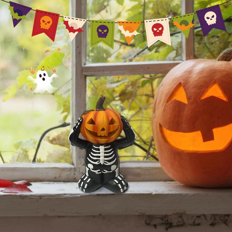 Pumpkin Heads Skeleton Figurine Resin Halloween Pumpkin Skeleton Funny Halloween Indoor Table Decoration Statue For Lawn Garden