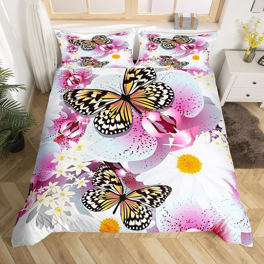 Butterfly and Flower Duvet Cover Girls Dream Animals Floral Comforter Cover Microfiber Romantic Theme Garden Flowers Bedding Set