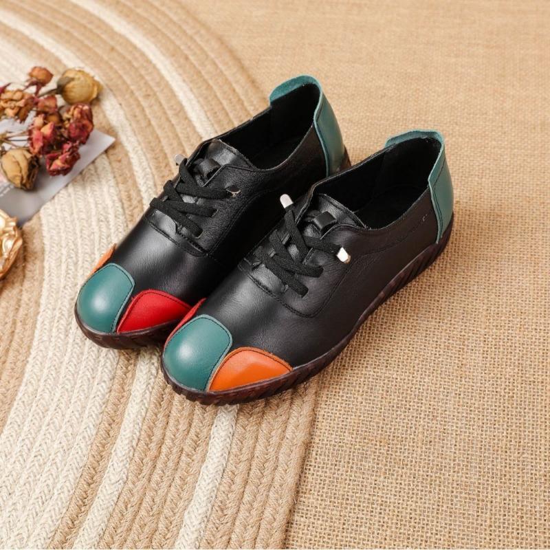Round Head First Layer Cowhide Rubber Sole Color Matching Soft Bottom Non-slip Lace-up Foot Cover New Model