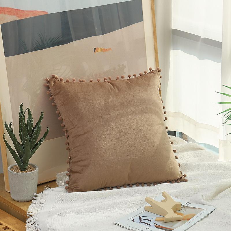 LMETJMA 1 Piece Burgundy Throw Pillow Covers with Pom Pom Velvet Euro Plush Cushion Covers for Sofa Couch Bedroom JT417