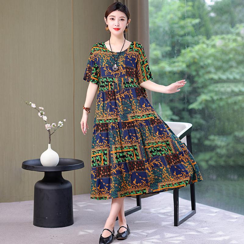 Plus Size Floral Dresses for Women  Oversize Loose Short Sleeve Summer Long Dress Middle-aged Women Summer Sundresses