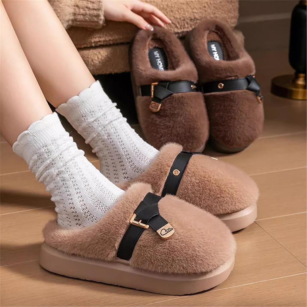Thick-soled Fluffy Shoes Are Worn Outside In Winter, Piled and Thickened To Keep Warm, Fashionable Belt Buckle, Home Indoor Bag Head Cotton Slippers.