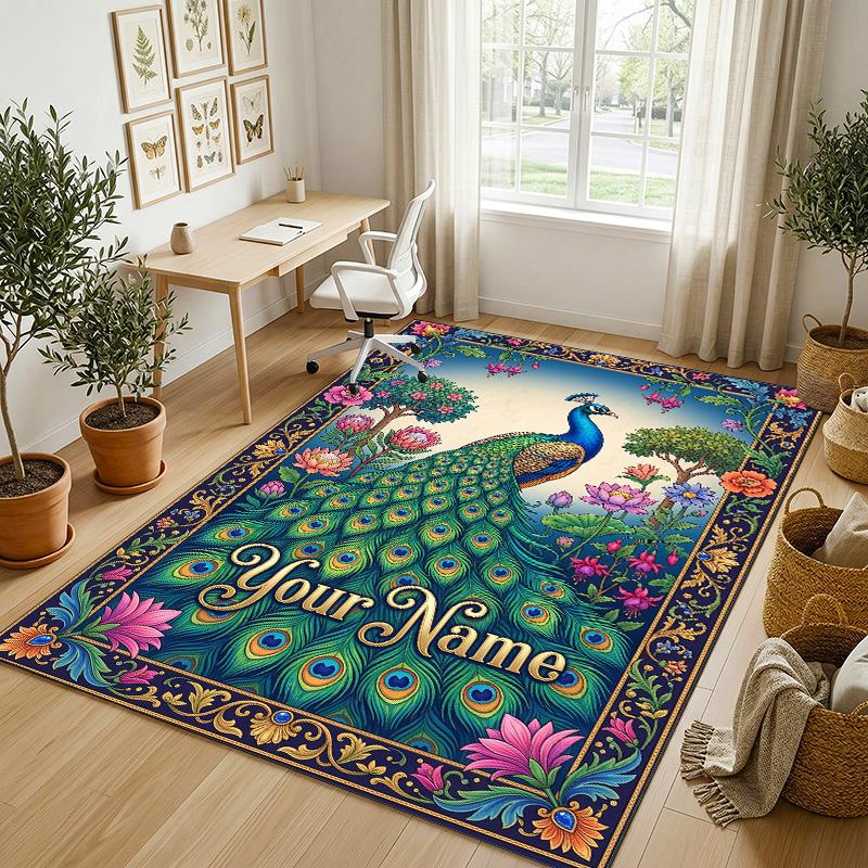 Peacock Floral Theme Soft Crystal Velvet Rug Custom Name & Text Print Non Slip Floor Rug for Bedroom Living Room