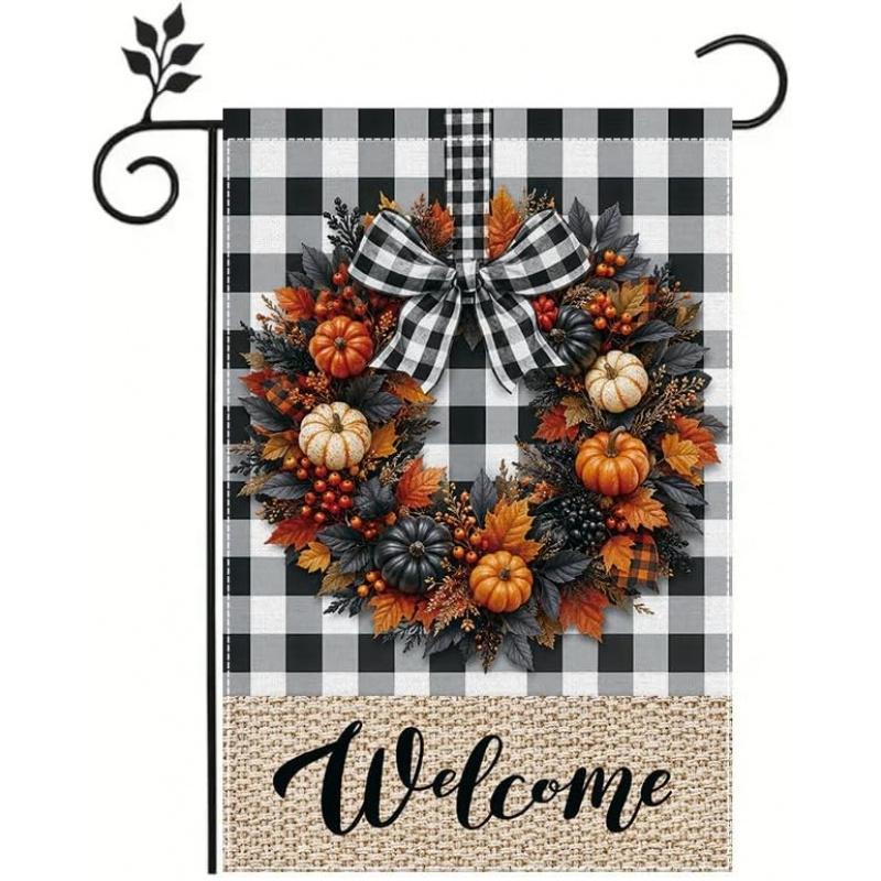 Garden Flag , Welcome Pumpkin Wreath Yard Flag Double Sided Outdoor Decorative Flag for Lawn Patio Porch, Farmhouse Buffalo Plaid Seasonal Garden Deco