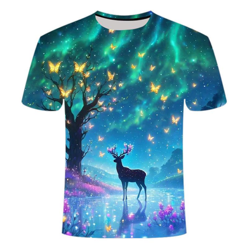 

2024 летняя новая футболка с 3D-принтом, индивидуальный рисунок лося, мужская и женская мода, круглый вырез, короткий рукав 6XL