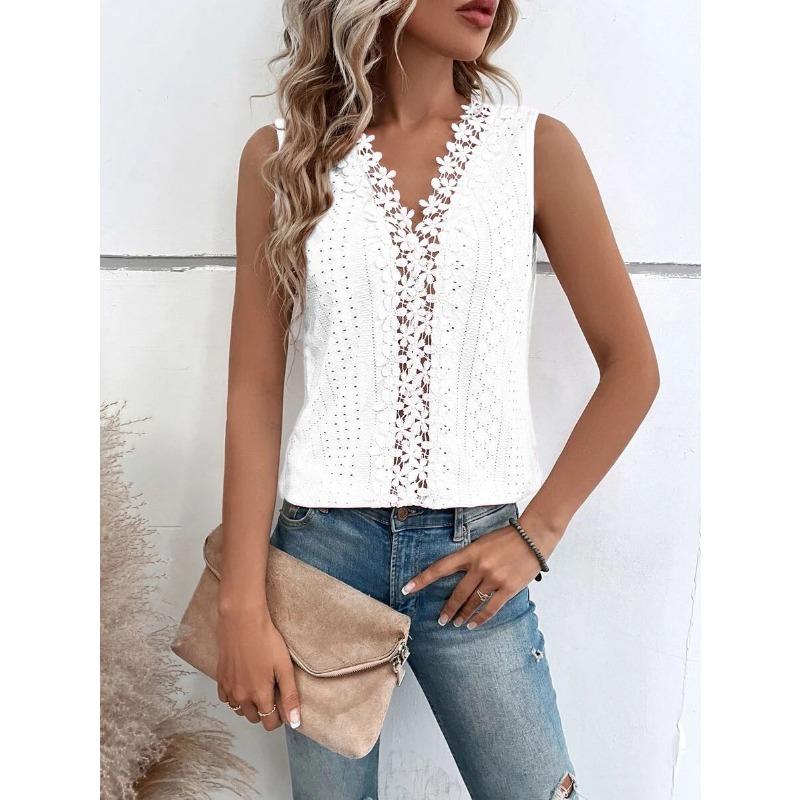 

Summer V-neck Patchwork Hollow Flower Edge Vest Women s Sleeveless Top Loose Casual Solid Color T-shirt Daily Commuter Base Shirt Retro HarajukuStyle S білий