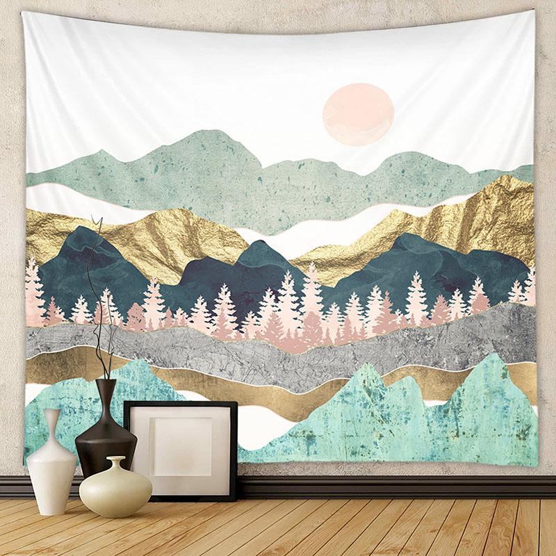 Nordic Mountain Sunset Printed Tapestry Natural Landscape Wall Hanging Cloth Beautiful Bedroom Background Decoration with Nails