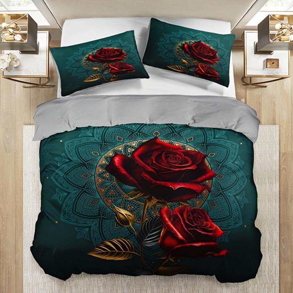 3pcs Bedding Set Red Rose Bohemia Flora Print Cozy Duvet Cover Set King Queen Twin Single Size Birthday Gift Adult Bedroom Decor