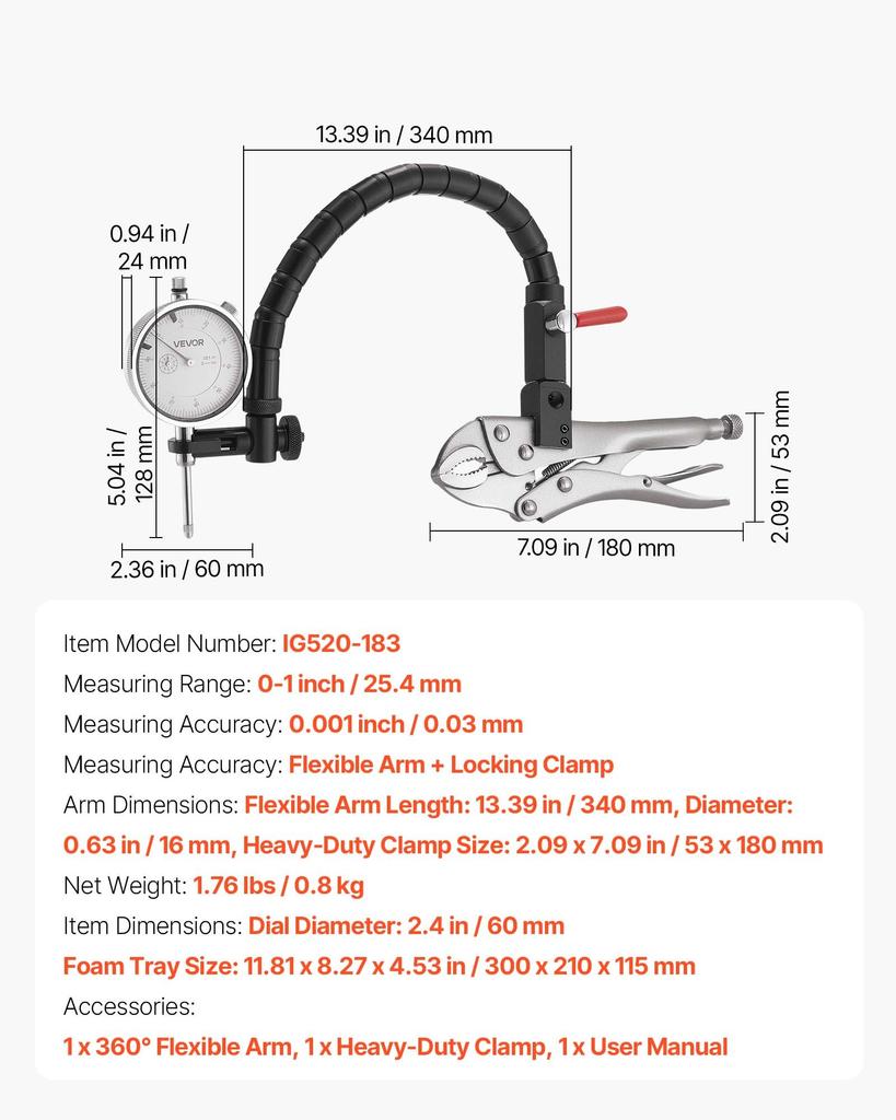 VEVOR Dial Test Indicator with 360 Degrees Flexible Arm and 360 Degrees Locking Pliers, 0.03 Mm Accuracy, 0-25.4mm Range