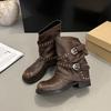 Boots Belt Buckle Martin Boots Women's New Locomotive Boots Stacking Wind Thick Heel Short Tube Spice Girl Rivet Pants Black