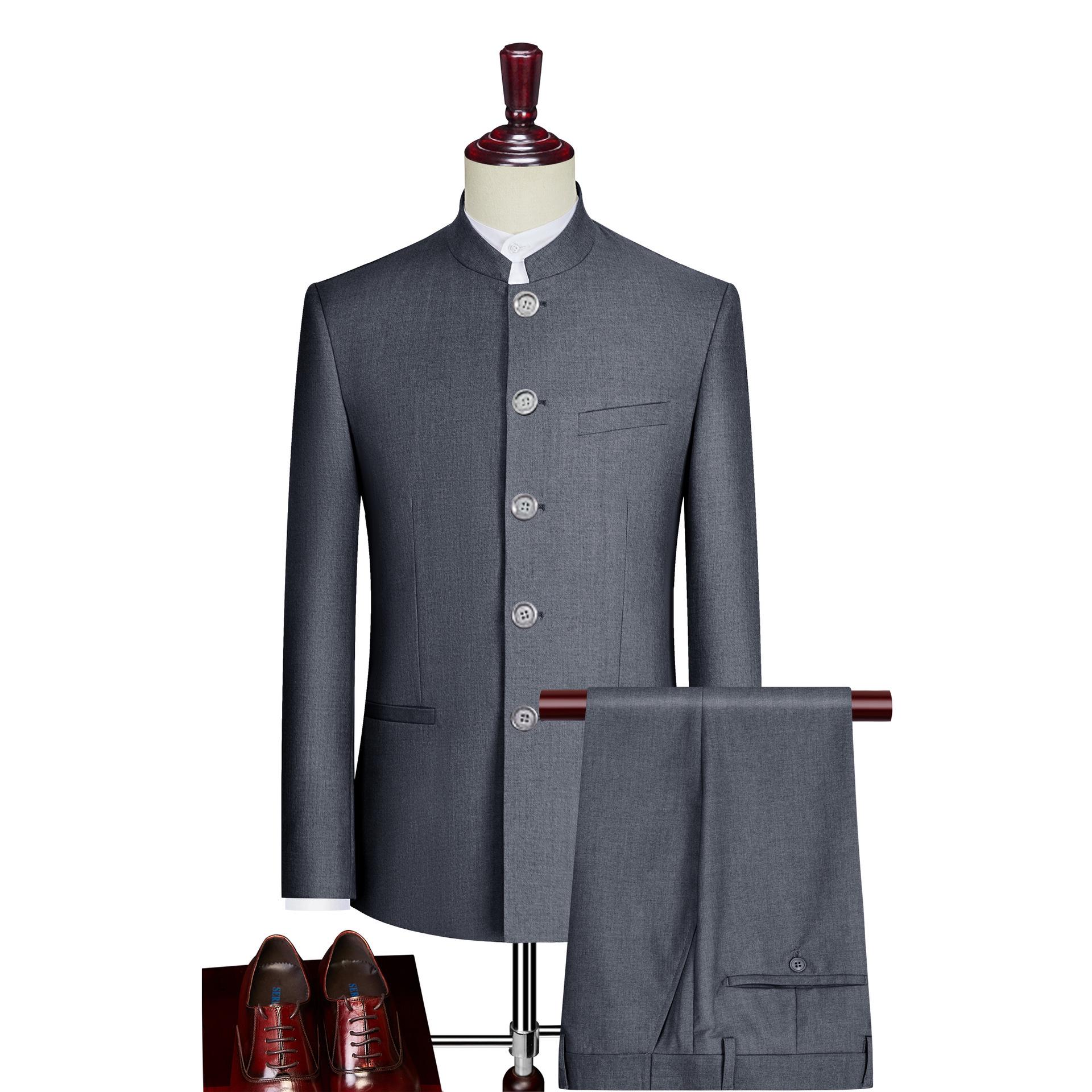 

Chinese Style Slim Fit Zhongshan Tuxedo Set - Men s Stand Collar Two-Piece Suit S (43-51 kg)