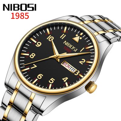 NIBOSI Fashion Classic Dubbele Kalender Studentenhorloge Glow-in-the-dark Waterdicht Stalen Band Quartz Herenhorloge