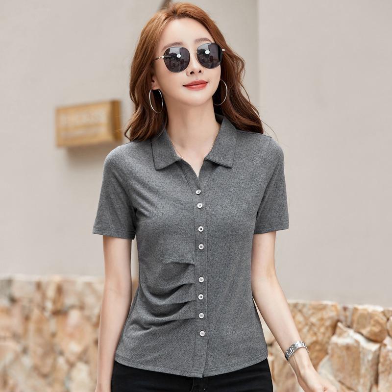 Damen Sommer Neues Revers Kurzarm T-Shirt Slim Dünn Lässig Halbarm POLO-Shirt