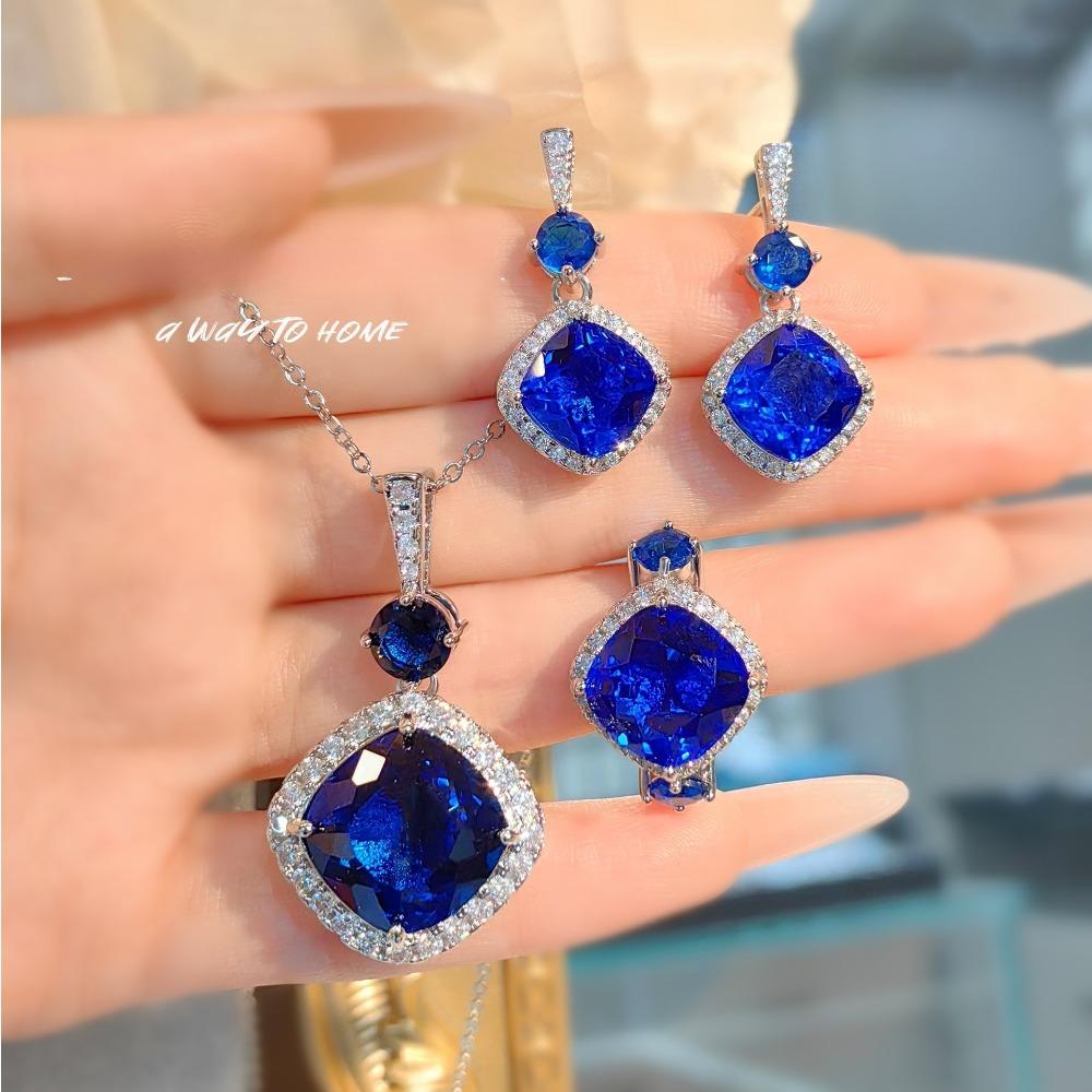 

Simulated Royal Blue Sapphire Pendant Fat Square Earrings Paraiaba Ring Green Diamond Set