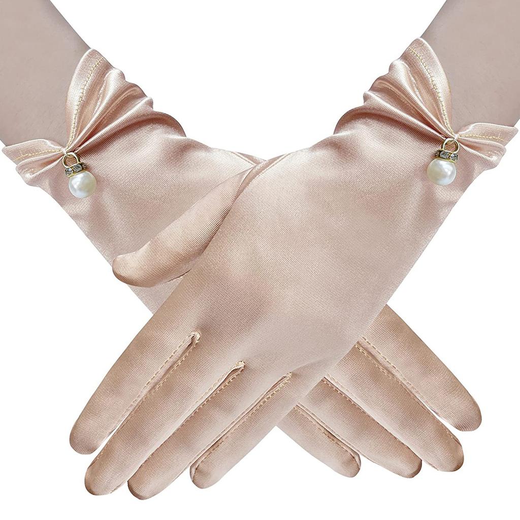 Satins Gloves Evening Gown Gloves with Pearls Decors Wedding Bride Gloves for Formal Occasion Stage Props Hand Gloves