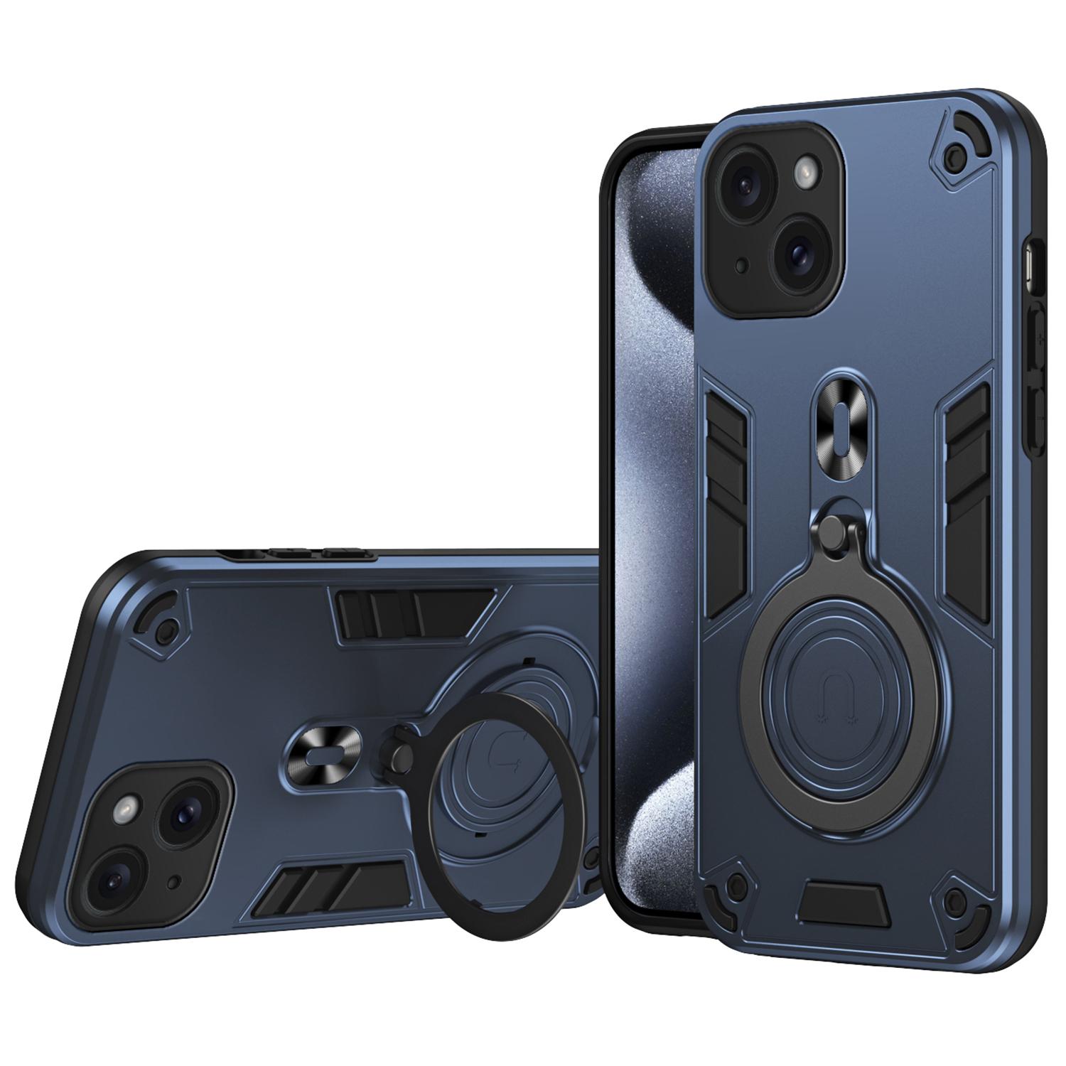 

For iPhone 15 Case Rotatable Kickstand PC+TPU Drop Protection Phone Cover Blue