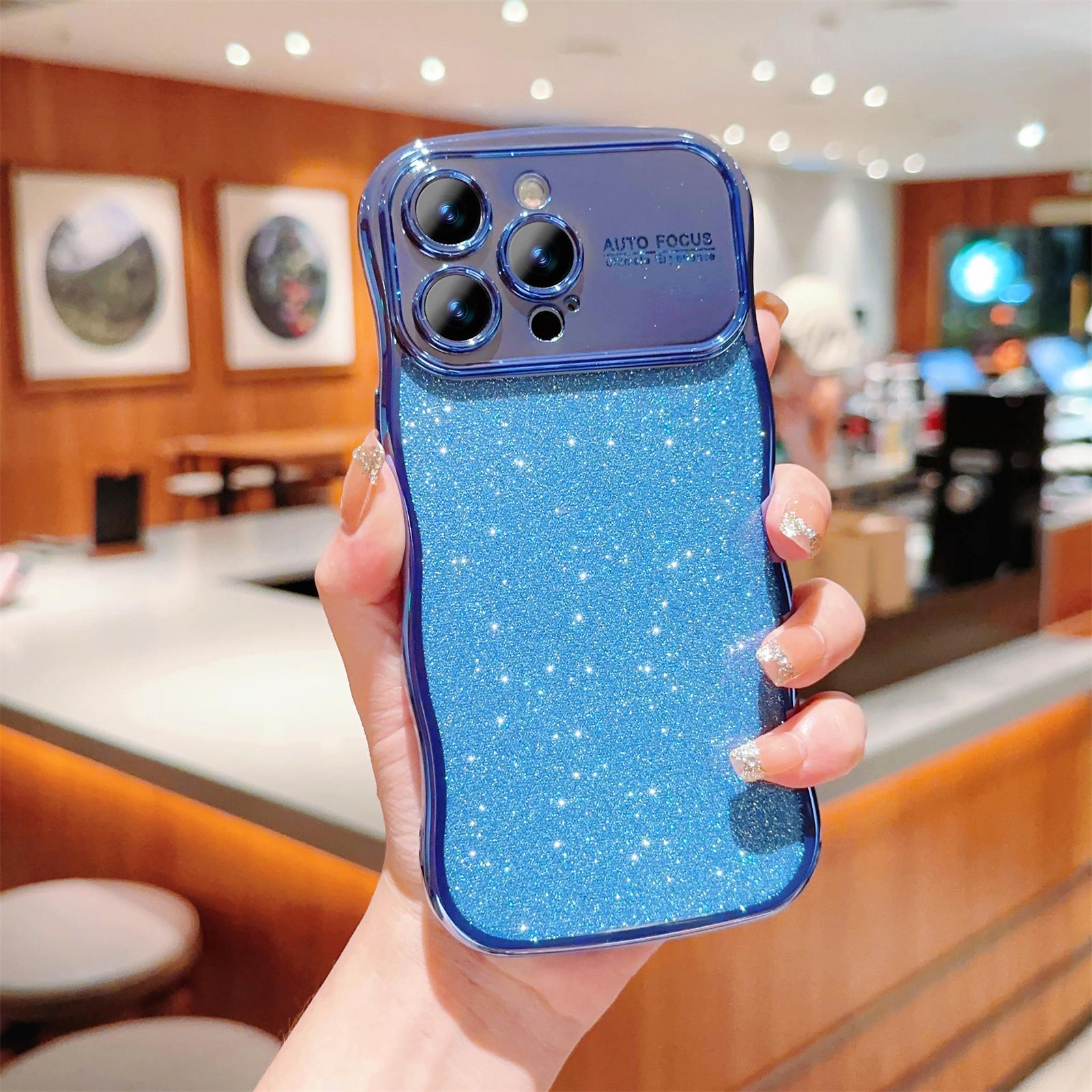 For iPhone 16 Pro Max Case Electroplating Curly Frame TPU Glitter Phone Cover Large Window A